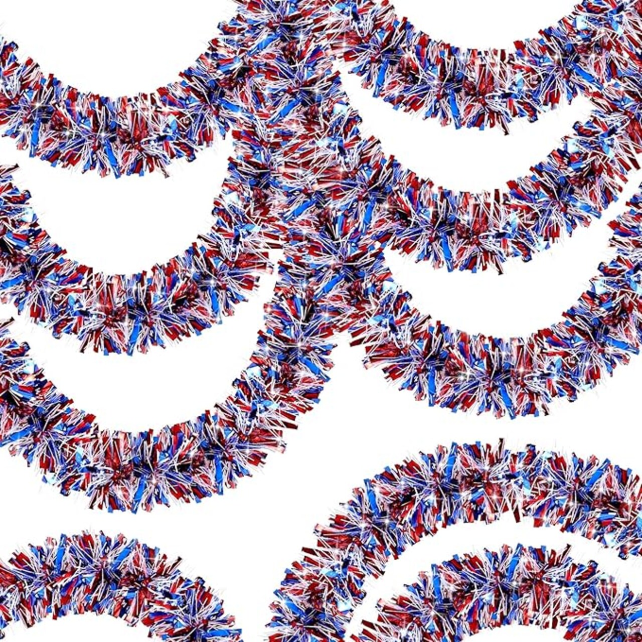 50FT 4th of July Garland Patriotic Red White and Blue Tinsel Flags Garland for Indoor Outdoor Party Celebration Holiday Red White and Blue Memorial Day Independence Day 4th of July Decorations